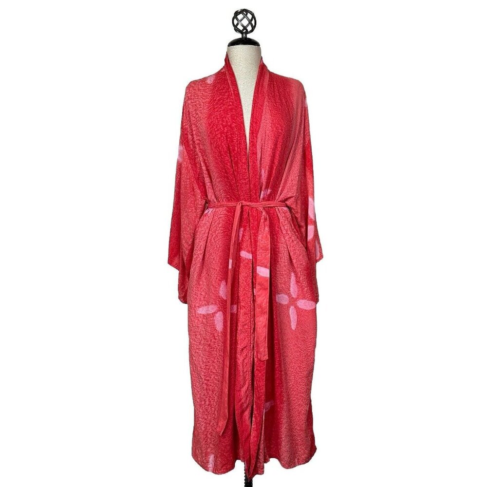 Novica Floral Batik Robe Long Floral Kimono Belt Coral Red Rayon Womens One Size